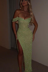 Green Mermaid Prom Dress One Shoulder Cap Sleeve Formal Dress With Sequins