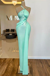 Green Mermaid Prom Dress Sleeveless Halter Neck Formal Dress With Beadings and Rhinestones