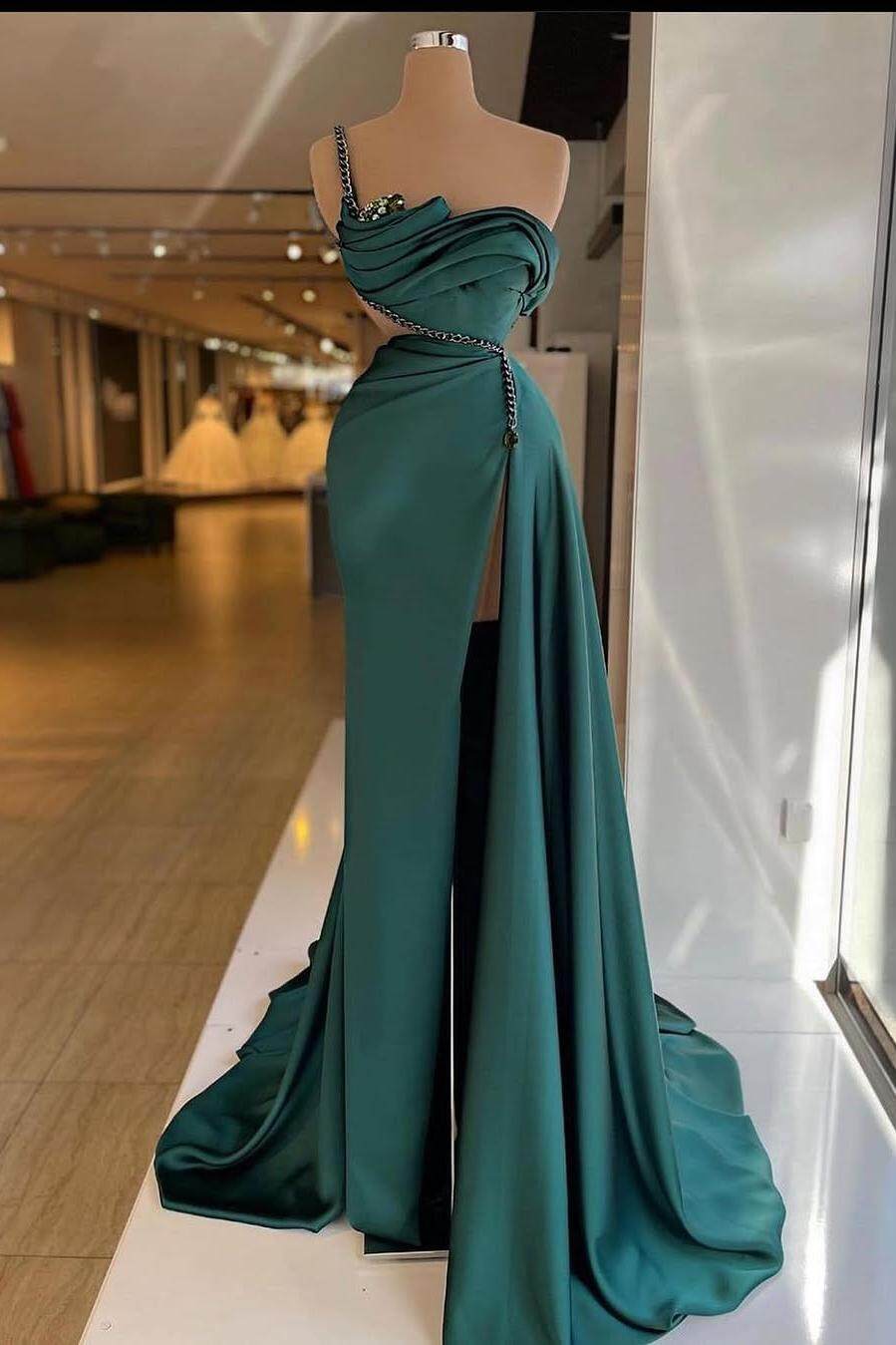 Green Mermaid Prom Dress Sleeveless One Shoulder Formal Dress With Beadings