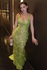 Green Mermaid Prom Dress Sleeveless Scoop Neck Formal Dress With Sequins