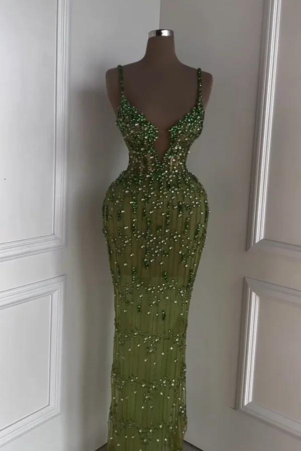 Green Mermaid Prom Dress Sleeveless Spaghetti Straps Formal Dress With Beadings and Rhinestones