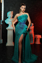 Green Mermaid Prom Dress Sleeveless Strapless Formal Dress With Beadings and Rhinestones