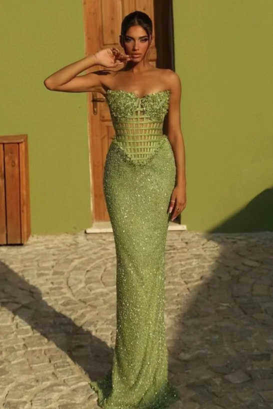 Green Mermaid Prom Dress Sleeveless Strapless Sequined Formal Dress