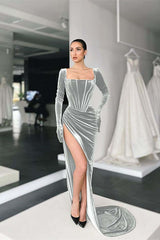 Green Mermaid Velvet Dress Long Sleeve Square Neck Evening Formal Dress