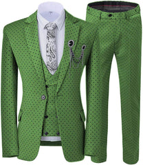 Green Notched Lapel 3 Piece Close Fitting Prom Suit with Black Dot