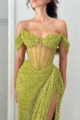 Dressystars Green Off Shoulder Corset Sequin Prom Dress With High Slit Formal Evening Gown