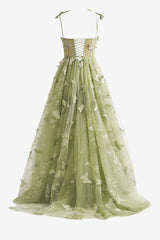 Green Prom Dress A Line Butterfly Lace Lilac Corset Evening Dress With Split