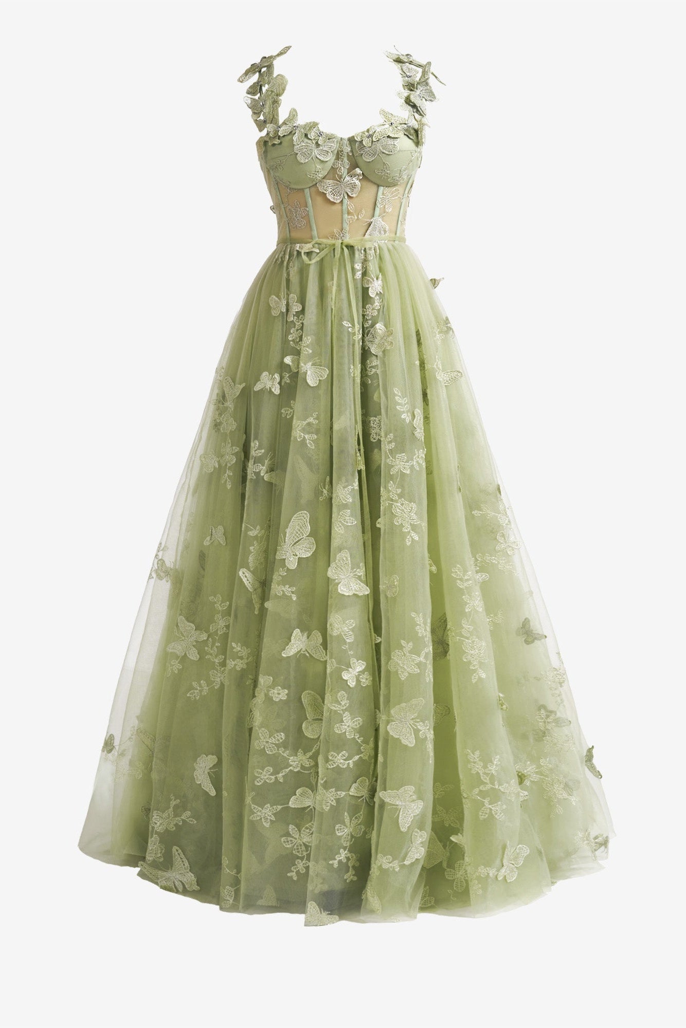 Green Prom Dress A Line Butterfly Lace Lilac Corset Evening Dress With Split