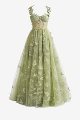 Green Prom Dress A Line Butterfly Lace Lilac Corset Evening Dress With Split