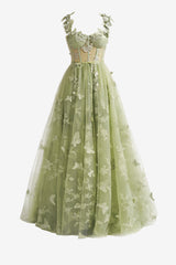 Green Prom Dress A Line Butterfly Lace Lilac Corset Evening Dress With Split