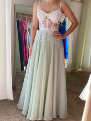 Green Prom Dress A Line Chiffon Lace Long Evening Dress