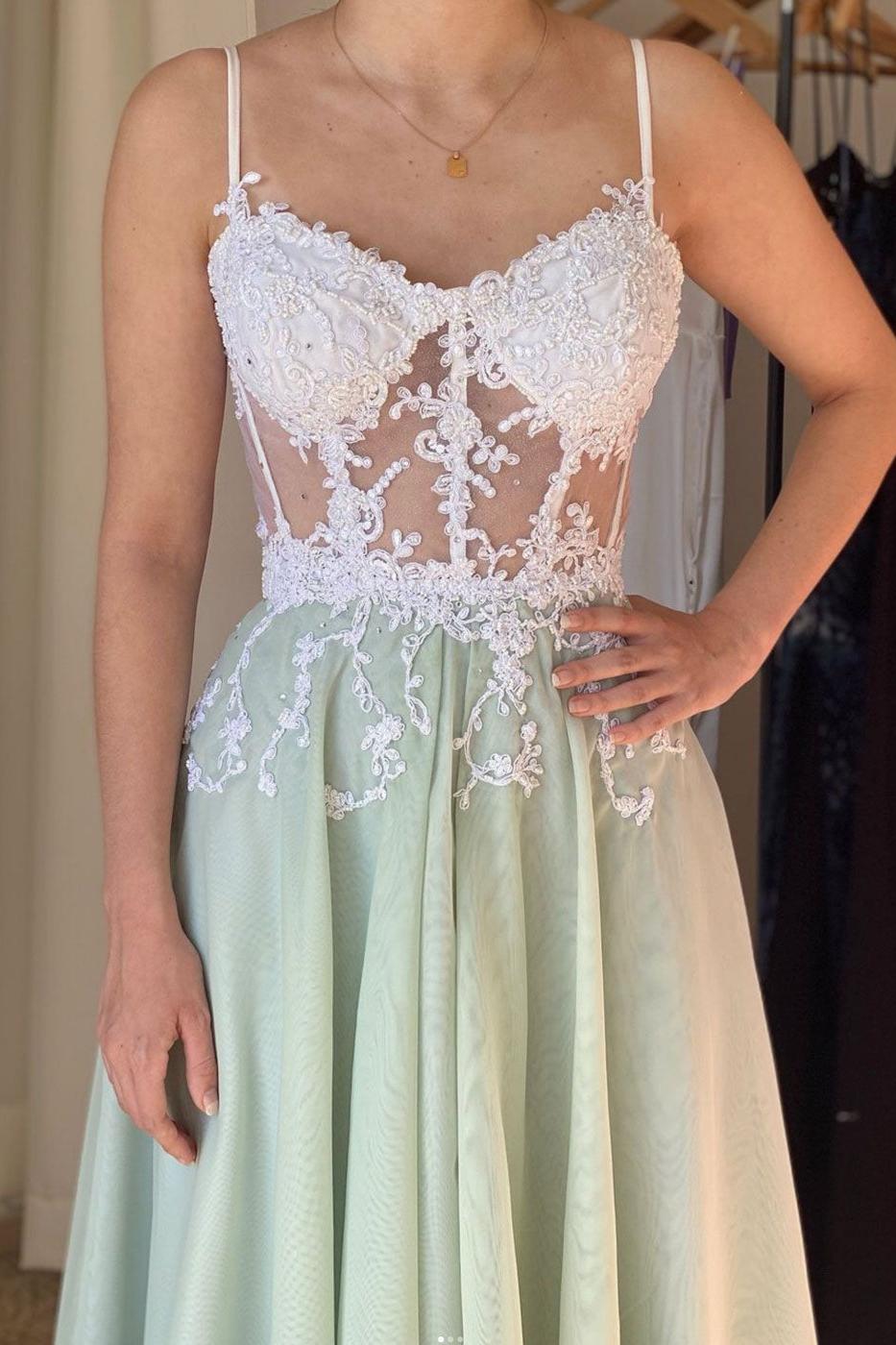 Green Prom Dress A Line Chiffon Lace Long Evening Dress