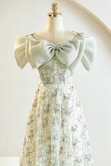 Green Prom Dress A Line Lace Tea Length Light Formal Dress Evening Dress