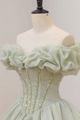 Green Prom Dress A Line Long Tulle Sweet 16 Dress with Beading and Sequins Evening Dress