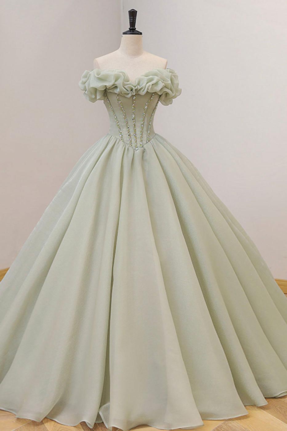 Green Prom Dress A Line Long Tulle Sweet 16 Dress with Beading and Sequins Evening Dress