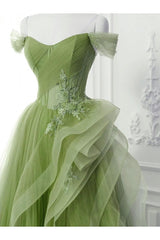 Green Prom Dress A Line Off the Shoulder Long Lace Evening Dress