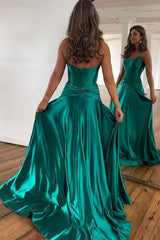 Green Prom Dress A Line Strapless Zipper Back Long Satin Evening Dress With Split