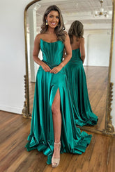 Green Prom Dress A Line Strapless Zipper Back Long Satin Evening Dress With Split