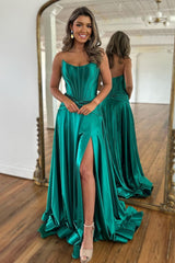 Green Prom Dress A Line Strapless Zipper Back Long Satin Evening Dress With Split