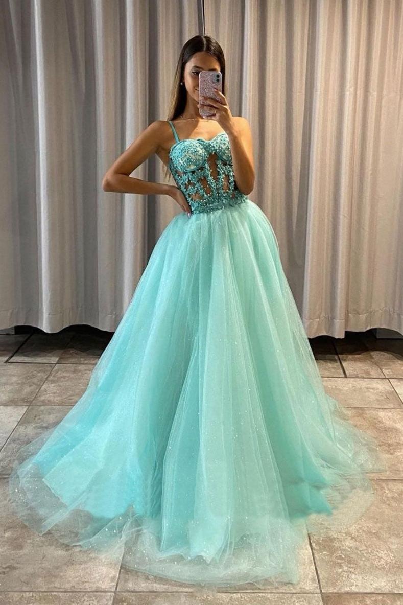 Green Prom Dress A Line Tulle Lace Long Formal Evening Dress