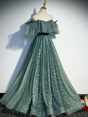 Green Prom Dress A Line Tulle Star Long Formal Party Dress Evening Dress