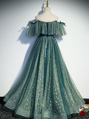 Green Prom Dress A Line Tulle Star Long Formal Party Dress Evening Dress