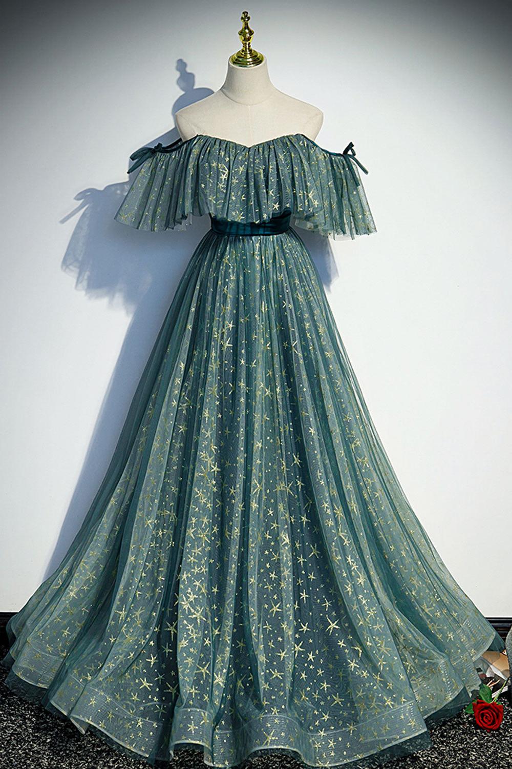 Green Prom Dress A Line Tulle Star Long Formal Party Dress Evening Dress