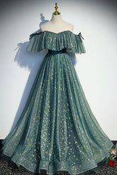 Green Prom Dress A Line Tulle Star Long Formal Party Dress Evening Dress