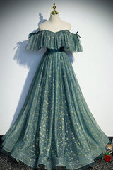 Green Prom Dress A Line Tulle Star Long Formal Party Dress Evening Dress