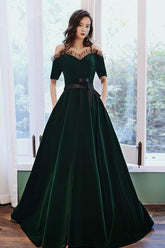 Green Prom Dress A Line Velvet Long Evening Dress
