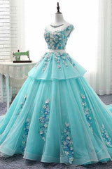 Green Prom Dress Crew Neck Tulle Lace Appliques Long Evening Dress