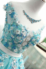 Green Prom Dress Crew Neck Tulle Lace Appliques Long Evening Dress