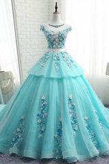 Green Prom Dress Crew Neck Tulle Lace Appliques Long Evening Dress