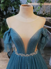Green Prom Dress Crew Neck Tulle Sequin Long Formal Gown Evening Dress