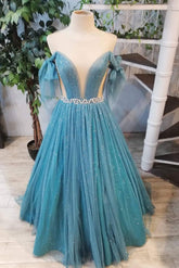 Green Prom Dress Crew Neck Tulle Sequin Long Formal Gown Evening Dress