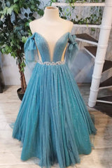 Green Prom Dress Crew Neck Tulle Sequin Long Formal Gown Evening Dress