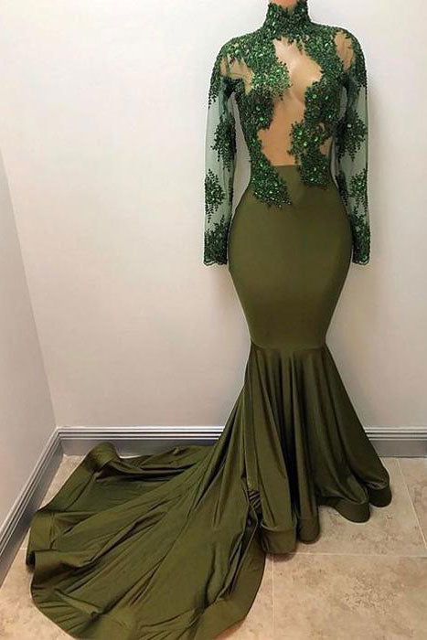 Green Prom Dress Lace Mermaid Long Evening Dress