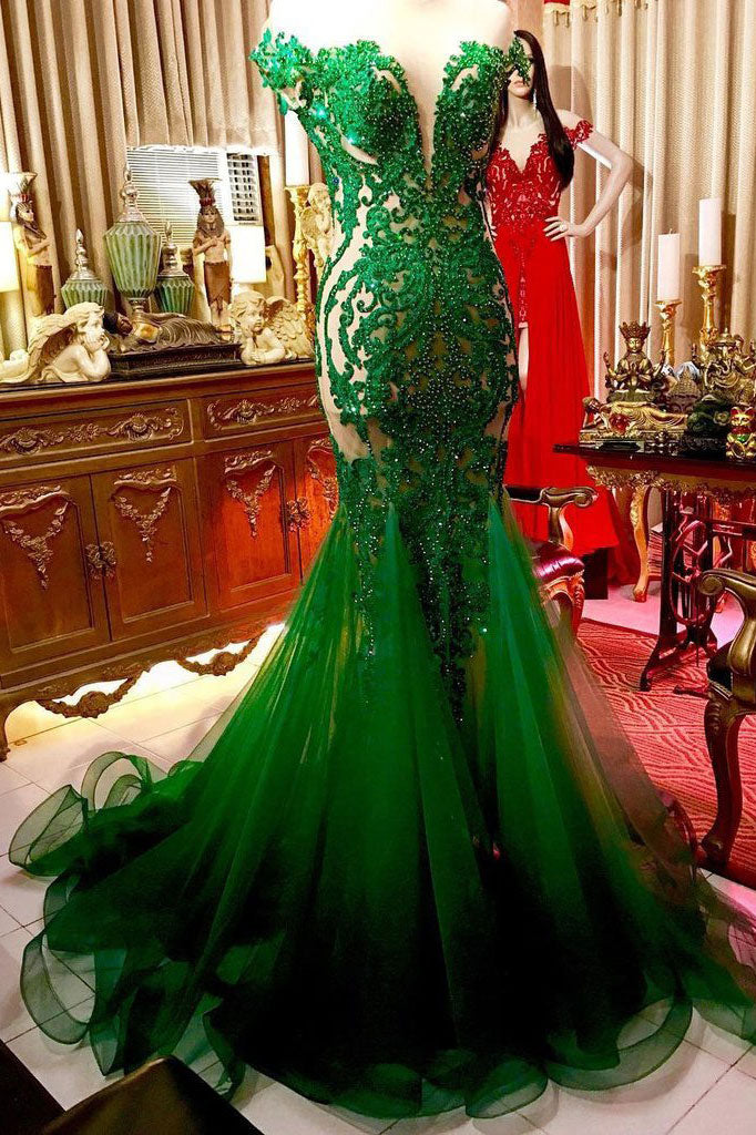 Green Prom Dress Lace Tulle Long Formal Gown Evening Dress