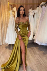 Green Prom Dress Long Sleeve Off the Shoulder Mermaid Formal Dress With Sequins