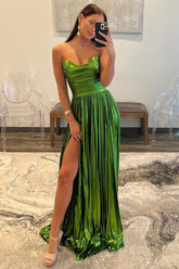 Green Prom Dress Metallic Strapless Pleated A Line Long Evening Dress