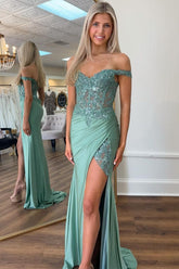 Green Prom Dress Off The Shoulder Mermaid Corset Long Evening Dress with Slit