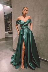 Green Prom Dress Off the Shoulder Satin Long Formal Dress Evening Dress