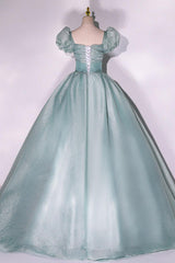 Green Prom Dress Puff Sleeve A Line Long Tulle Formal Sweet 16 Dress Formal Evening Dress