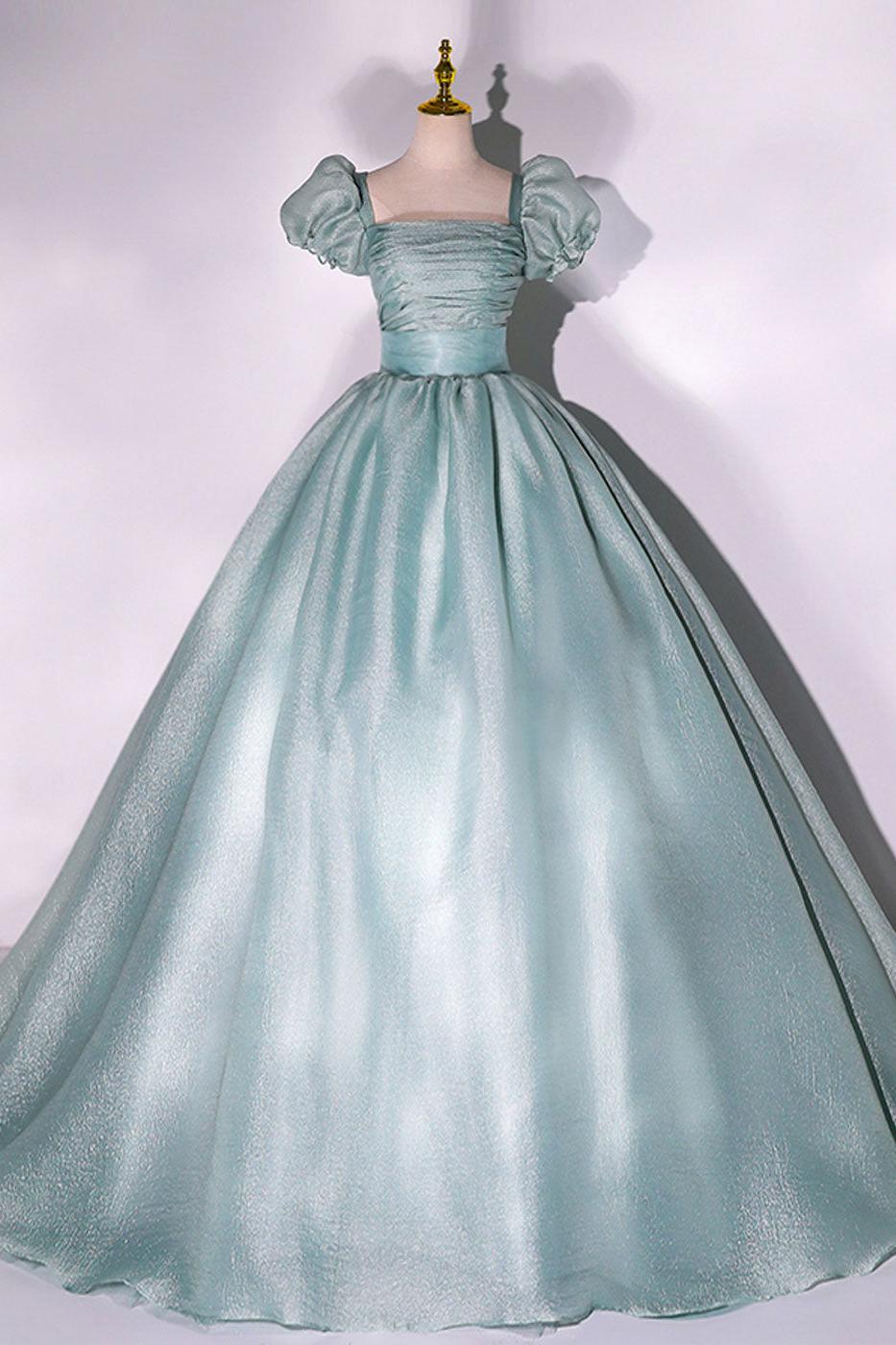 Green Prom Dress Puff Sleeve A Line Long Tulle Formal Sweet 16 Dress Formal Evening Dress