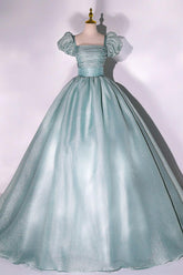 Green Prom Dress Puff Sleeve A Line Long Tulle Formal Sweet 16 Dress Formal Evening Dress