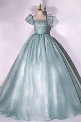 Green Prom Dress Puff Sleeve A Line Long Tulle Formal Sweet 16 Dress Formal Evening Dress