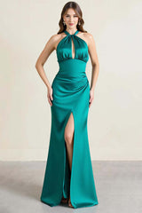 Green Prom Dress Satin Halter Long Backless Sheath Formal Dress With Slit