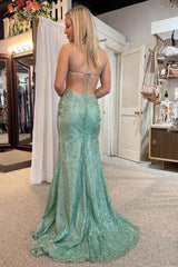 Green Prom Dress Spaghetti Straps Mermaid Long Evening Dress with Slit
