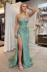 Green Prom Dress Spaghetti Straps Mermaid Long Evening Dress with Slit
