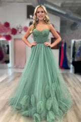 Green Prom Dress Strapless A Line Tulle Long Evening Dress